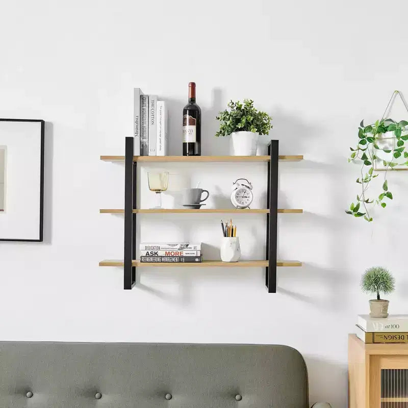 Étagère murale à support flottant à 3 niveaux de 35,5 po x 31,5 po, châtaigne : Rangement en MDF et fer de style moderne du milieu du siècle