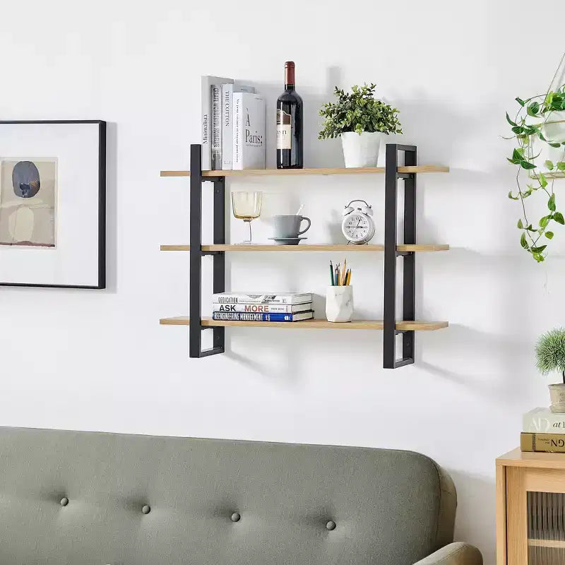 Étagère murale à support flottant à 3 niveaux de 35,5 po x 31,5 po, châtaigne : Rangement en MDF et fer de style moderne du milieu du siècle