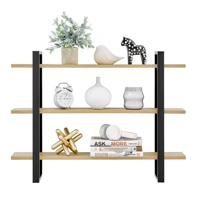 Étagère murale à support flottant à 3 niveaux de 35,5 po x 31,5 po, châtaigne : Rangement en MDF et fer de style moderne du milieu du siècle