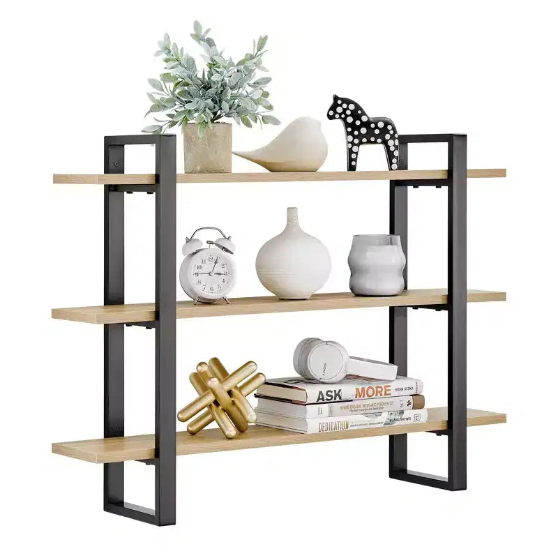 Étagère murale à support flottant à 3 niveaux de 35,5 po x 31,5 po, châtaigne : Rangement en MDF et fer de style moderne du milieu du siècle