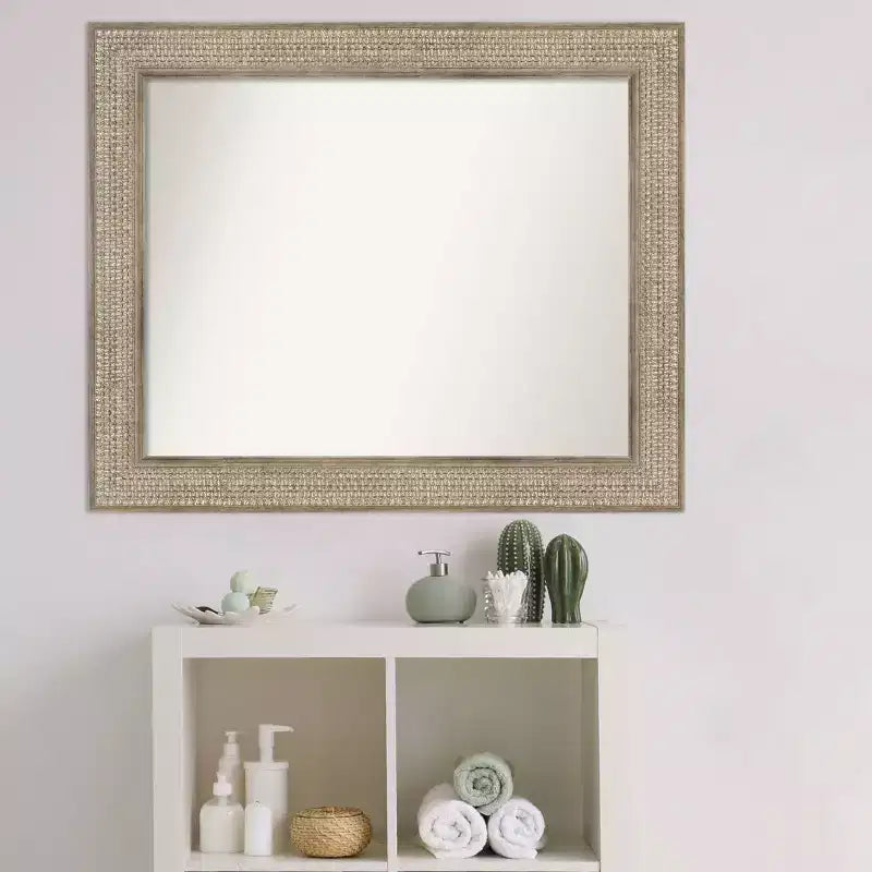 34"x28" Non-Beveled Trellis Silver Wood Bathroom Wall Mirror : Modern Rectangular Design, Includes Mounting Hardware