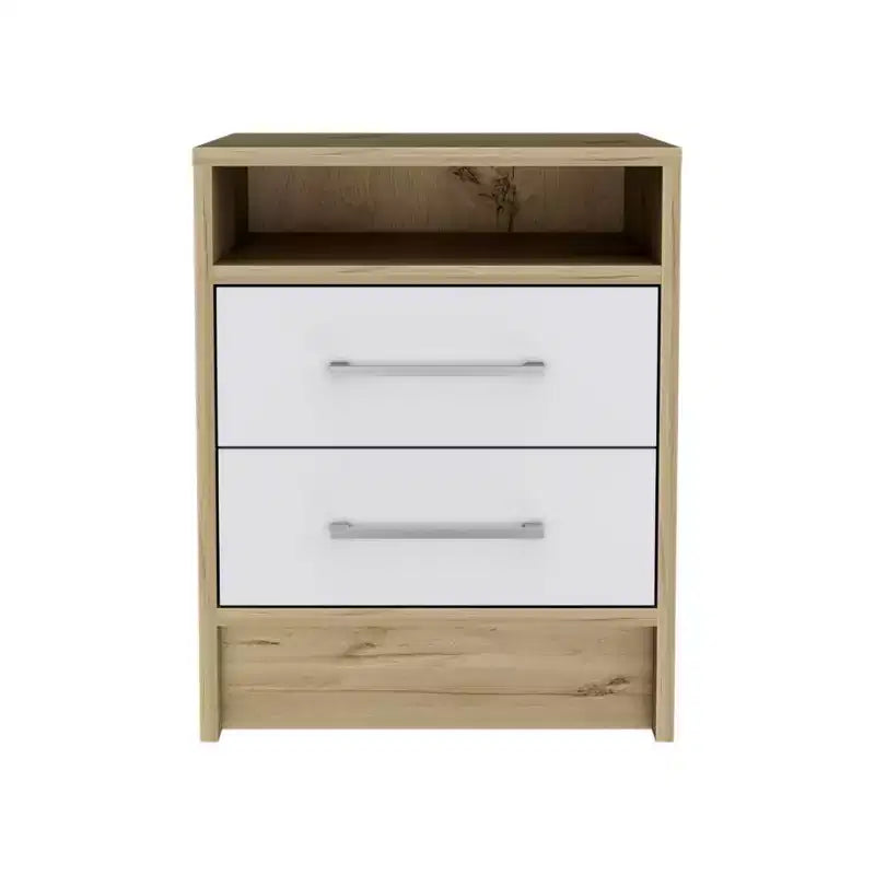 Cette table de chevet, table d'appoint, bout de canapé, plateau supérieur, deux tiroirs - Blanc / Chêne clair combine un style contemporain et un rangement intelligent.