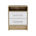 Cette table de chevet, table d'appoint, bout de canapé, plateau supérieur, deux tiroirs - Blanc / Chêne clair combine un style contemporain et un rangement intelligent.