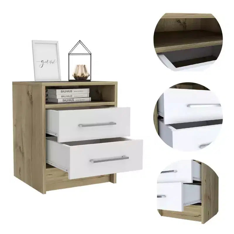 This  Nightstand , End Table, Side Table Superior Top, Two Drawers -White / Light Oak combines contemporary style with smart storage.