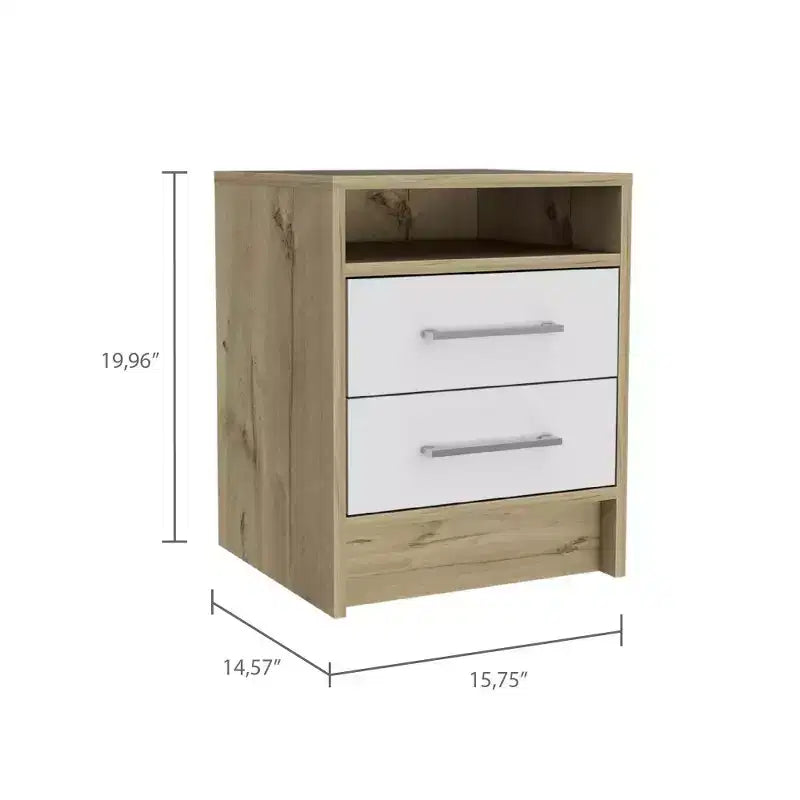 Cette table de chevet, table d'appoint, bout de canapé, plateau supérieur, deux tiroirs - Blanc / Chêne clair combine un style contemporain et un rangement intelligent.