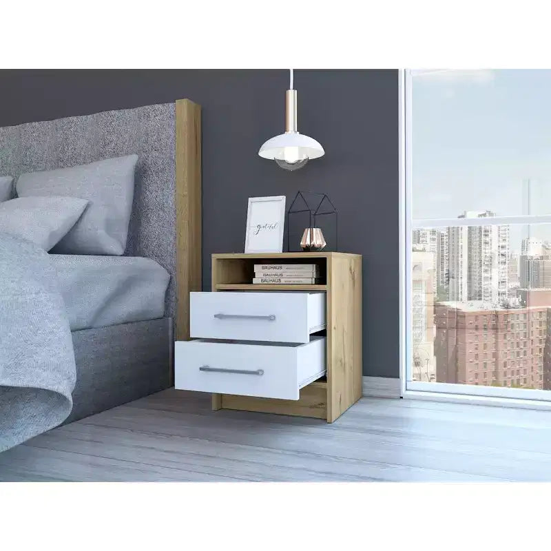 This  Nightstand , End Table, Side Table Superior Top, Two Drawers -White / Light Oak combines contemporary style with smart storage.
