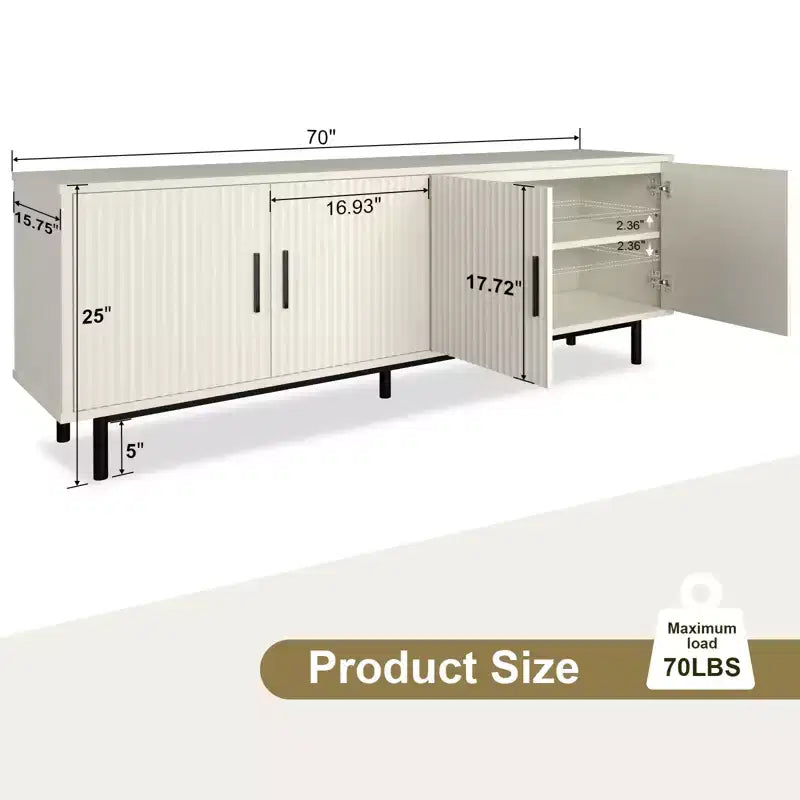 Meuble TV cannelé de 70 pouces pour téléviseurs jusqu'à 80 pouces, meuble de divertissement avec rangement et étagère réglable, console TV moderne pour salon et chambre à coucher