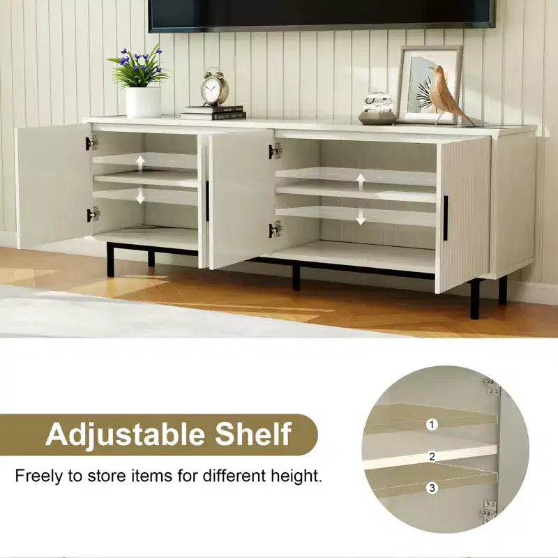 Meuble TV cannelé de 70 pouces pour téléviseurs jusqu'à 80 pouces, meuble de divertissement avec rangement et étagère réglable, console TV moderne pour salon et chambre à coucher