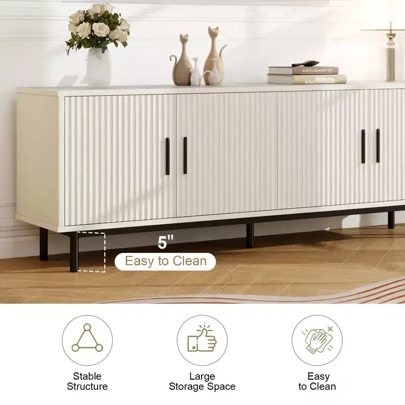 Meuble TV cannelé de 70 pouces pour téléviseurs jusqu'à 80 pouces, meuble de divertissement avec rangement et étagère réglable, console TV moderne pour salon et chambre à coucher