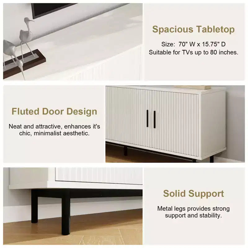 Meuble TV cannelé de 70 pouces pour téléviseurs jusqu'à 80 pouces, meuble de divertissement avec rangement et étagère réglable, console TV moderne pour salon et chambre à coucher