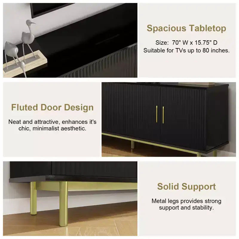Meuble TV cannelé de 70 pouces pour téléviseurs jusqu'à 80 pouces, meuble de divertissement avec rangement et étagère réglable, console TV moderne pour salon et chambre à coucher