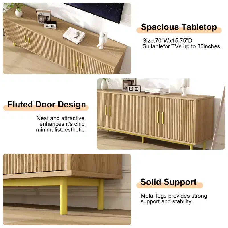 Meuble TV cannelé de 70 pouces pour téléviseurs jusqu'à 80 pouces, meuble de divertissement avec rangement et étagère réglable, console TV moderne pour salon et chambre à coucher