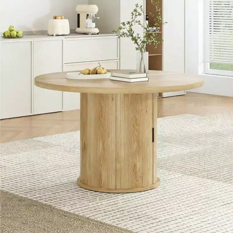 43 Round Wood Dining Table for 4 with Sturdy Metal Base, Modern Kitchen Table