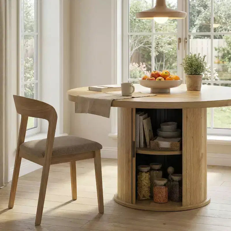 43 Round Wood Dining Table for 4 with Sturdy Metal Base, Modern Kitchen Table