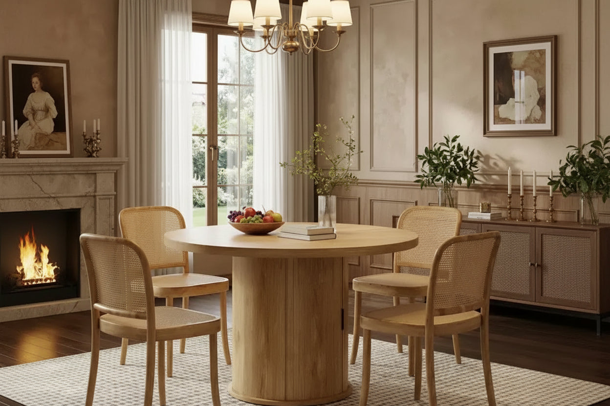 43 Round Wood Dining Table for 4 with Sturdy Metal Base, Modern Kitchen Table