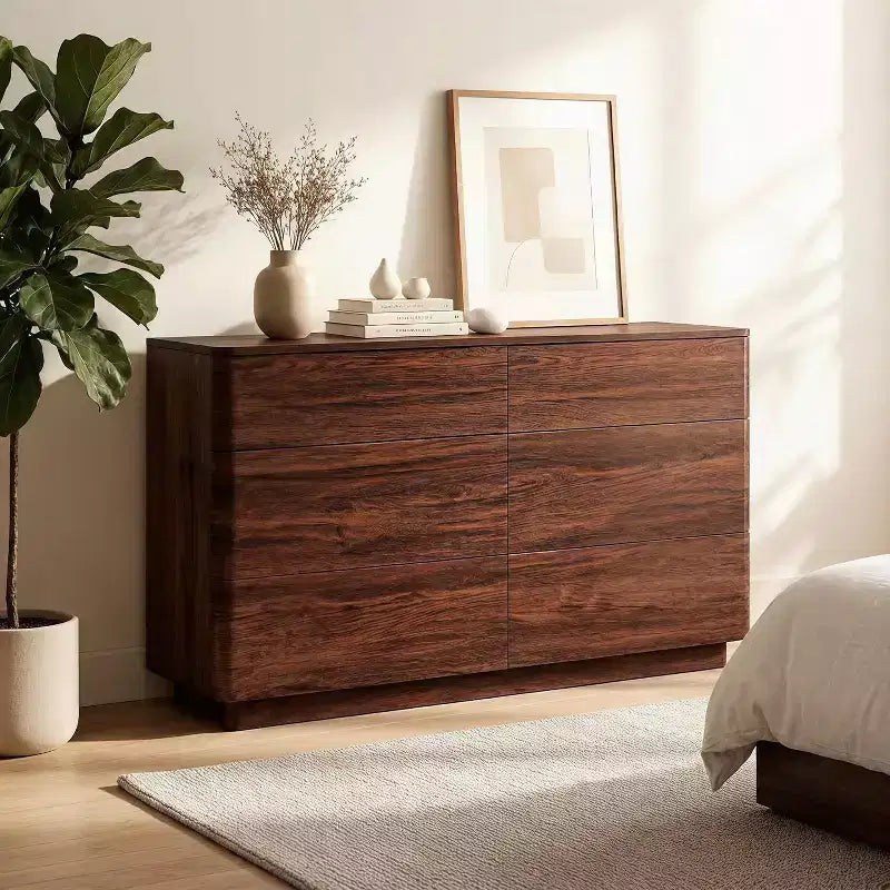 Commode 6 tiroirs, commode en bois moderne avec profil incurvé, commode de rangement pour salon