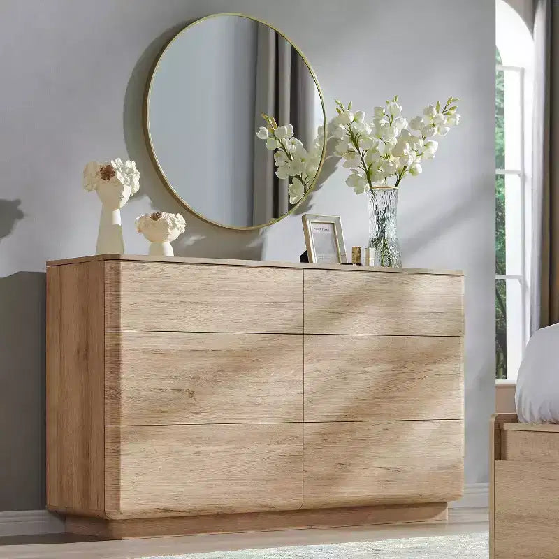 Commode 6 tiroirs, commode en bois moderne avec profil incurvé, commode de rangement pour salon
