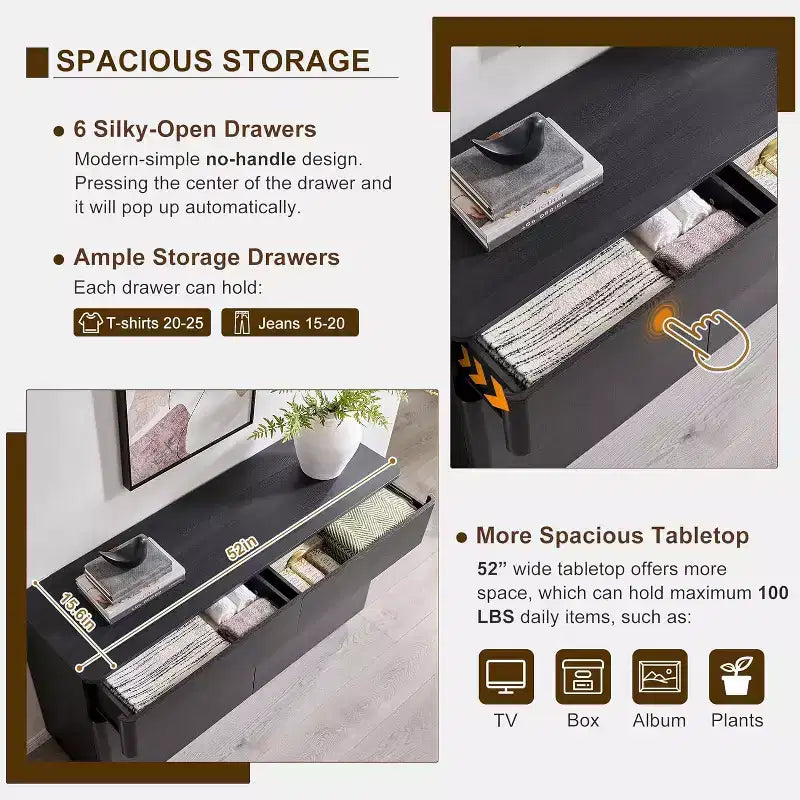 6 Drawer Dresser, Modern Wooden Chest of Drawers Chest of Drawers with Curved Profile Design, Storage Organizer Dresser for Living Room