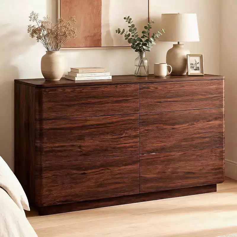 Commode 6 tiroirs, commode en bois moderne avec profil incurvé, commode de rangement pour salon