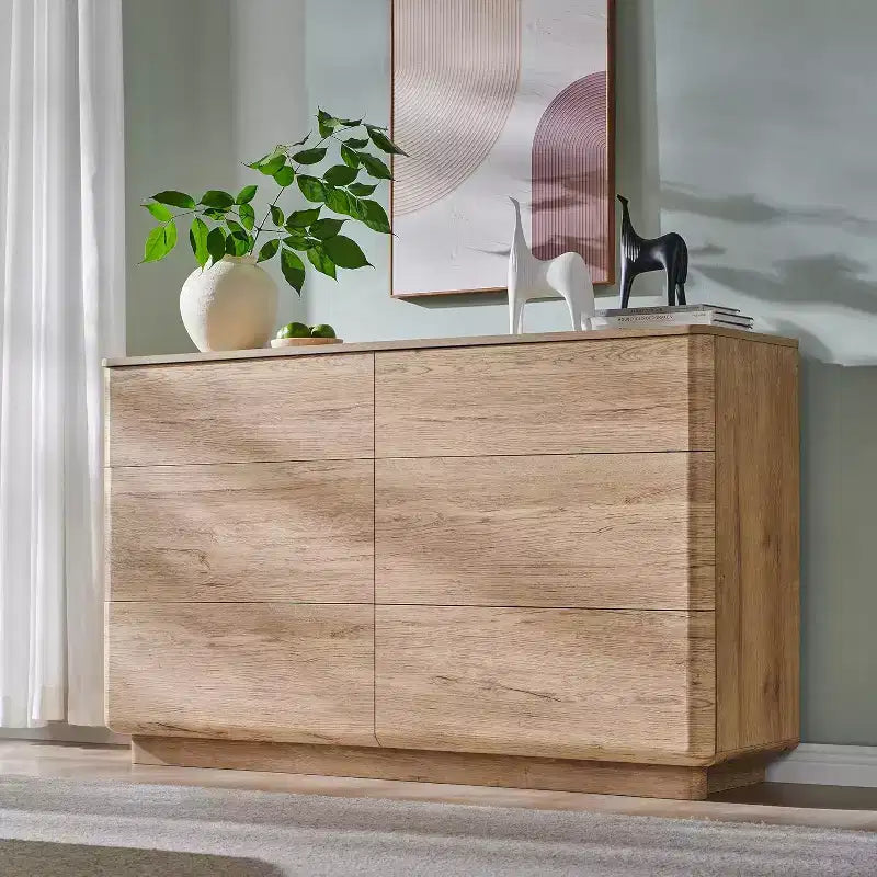 6 Drawer Dresser, Modern Wooden Chest of Drawers Chest of Drawers with Curved Profile Design, Storage Organizer Dresser for Living Room