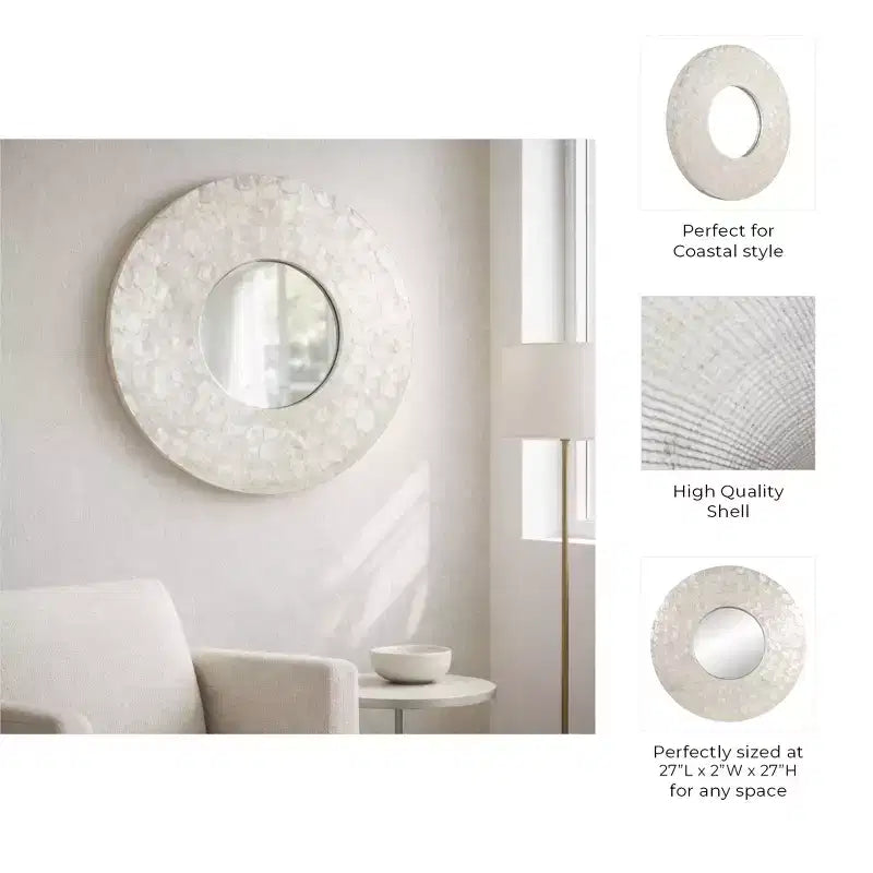 Modern Round Capiz Wall Mirror for Bedroom Decor - Decorative Mirror Frame for Bathroom, Entryway, or Hallway Wall Display - 27, Ivory