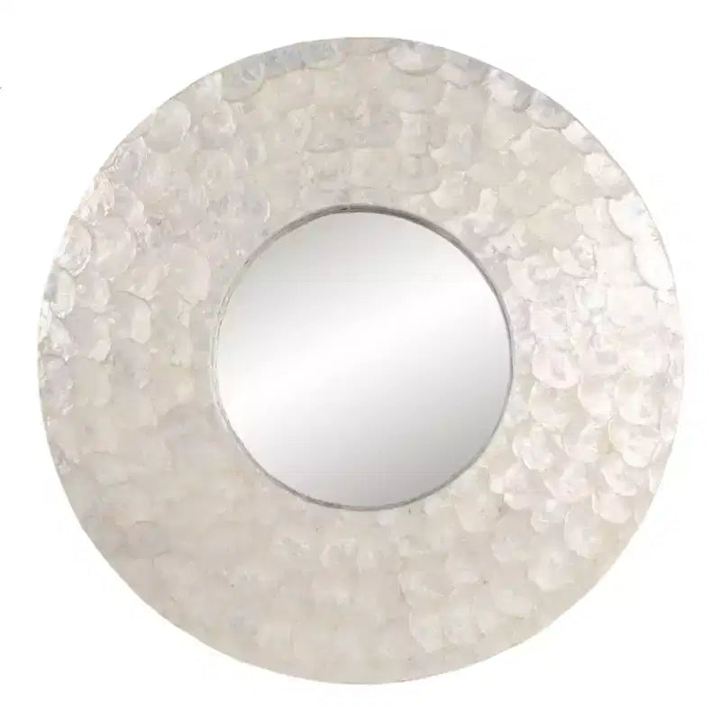 Modern Round Capiz Wall Mirror for Bedroom Decor - Decorative Mirror Frame for Bathroom, Entryway, or Hallway Wall Display - 27, Ivory