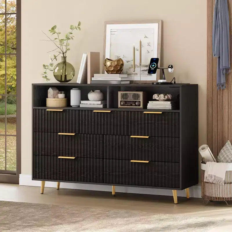 Fluted 7 Drawer Dresser, Chest of Drawers with LED Lights and Charging Station, Gold Handles, Open Shelf Storage, for Bedroom, Hallway, Black