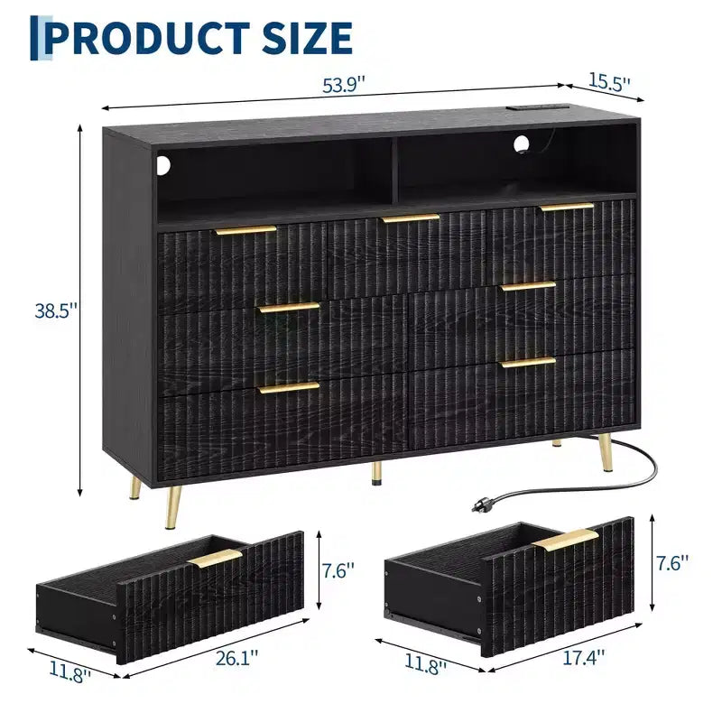 Commode à 7 tiroirs cannelés, avec lumières LED et station de charge, poignées dorées, étagère ouverte, pour chambre à coucher, couloir, noir