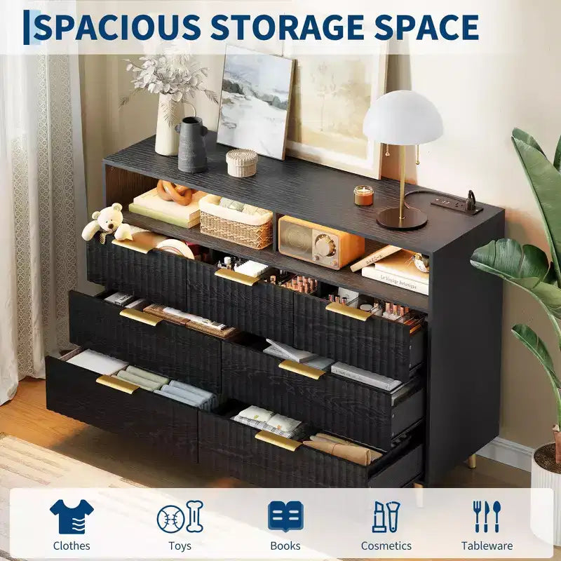 Fluted 7 Drawer Dresser, Chest of Drawers with LED Lights and Charging Station, Gold Handles, Open Shelf Storage, for Bedroom, Hallway, Black