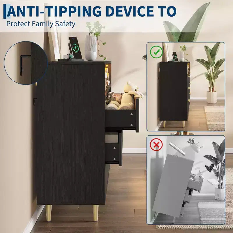 Commode à 7 tiroirs cannelés, avec lumières LED et station de charge, poignées dorées, étagère ouverte, pour chambre à coucher, couloir, noir