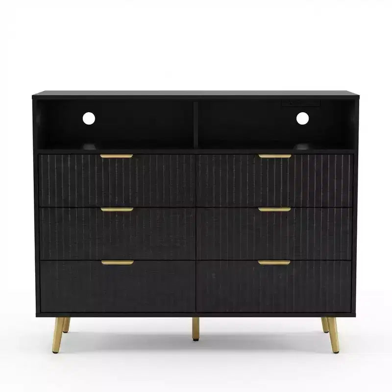 Commode à 7 tiroirs cannelés, avec lumières LED et station de charge, poignées dorées, étagère ouverte, pour chambre à coucher, couloir, noir