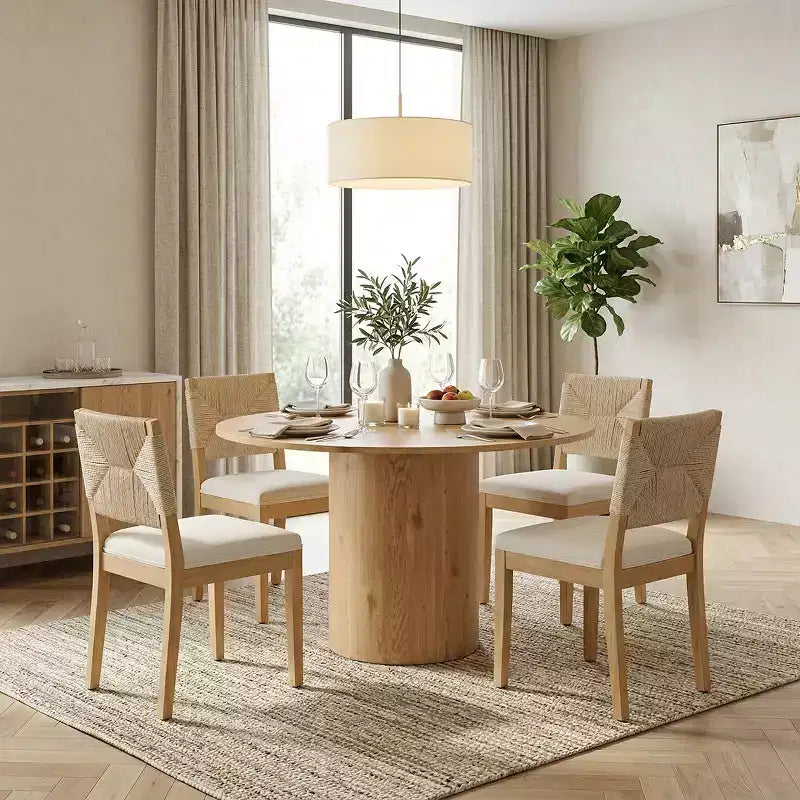 French Country Woven Back Dining Chairs Set of 4, Solid Wood Dining Room Chairs with Linen Upholstered Seat, Modern Kitchen Chairs-Panipeachy