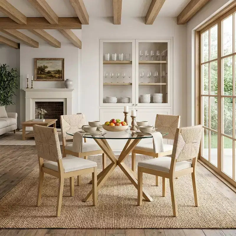 Lot de 4 chaises de salle à manger de style campagnard français avec dossier tressé, chaises de salle à manger en bois massif avec assise rembourrée en lin, chaises de cuisine modernes