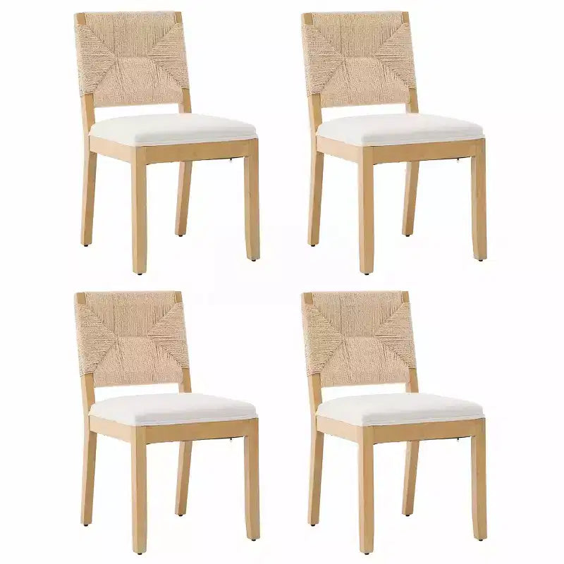 Lot de 4 chaises de salle à manger de style campagnard français avec dossier tressé, chaises de salle à manger en bois massif avec assise rembourrée en lin, chaises de cuisine modernes