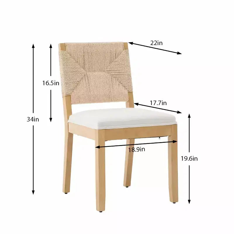 French Country Woven Back Dining Chairs Set of 4, Solid Wood Dining Room Chairs with Linen Upholstered Seat, Modern Kitchen Chairs