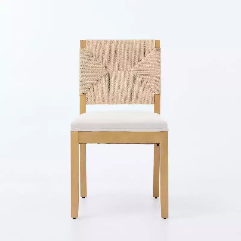 Lot de 4 chaises de salle à manger de style campagnard français avec dossier tressé, chaises de salle à manger en bois massif avec assise rembourrée en lin, chaises de cuisine modernes