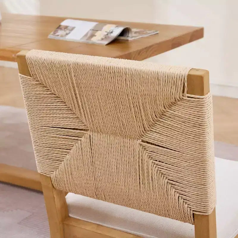 Lot de 4 chaises de salle à manger de style campagnard français avec dossier tressé, chaises de salle à manger en bois massif avec assise rembourrée en lin, chaises de cuisine modernes
