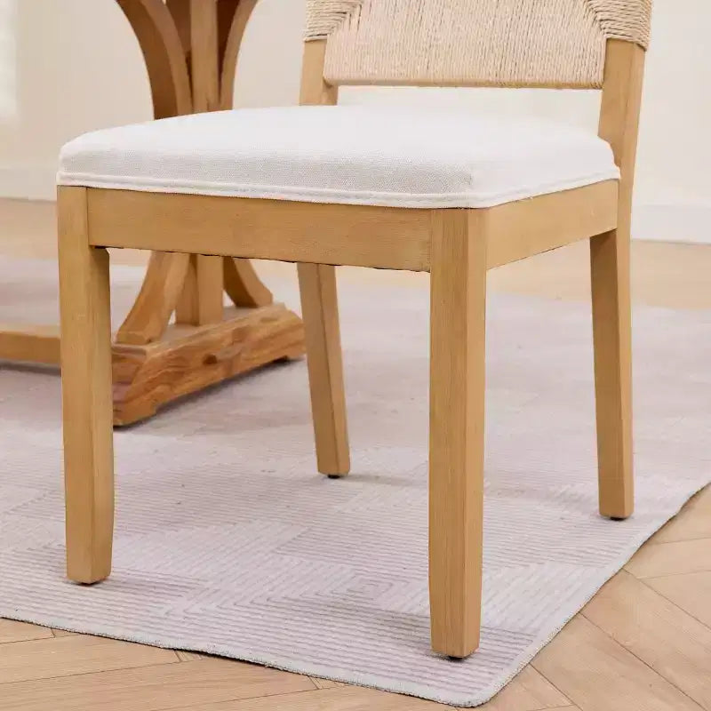 Lot de 4 chaises de salle à manger de style campagnard français avec dossier tressé, chaises de salle à manger en bois massif avec assise rembourrée en lin, chaises de cuisine modernes