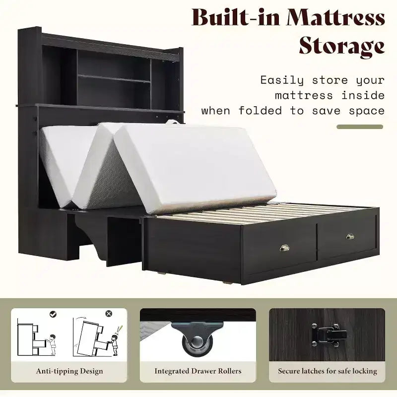 Murphy Bed with Desk, Bookcase Headboard & LED Light, Storage Drawer & Charging Station
