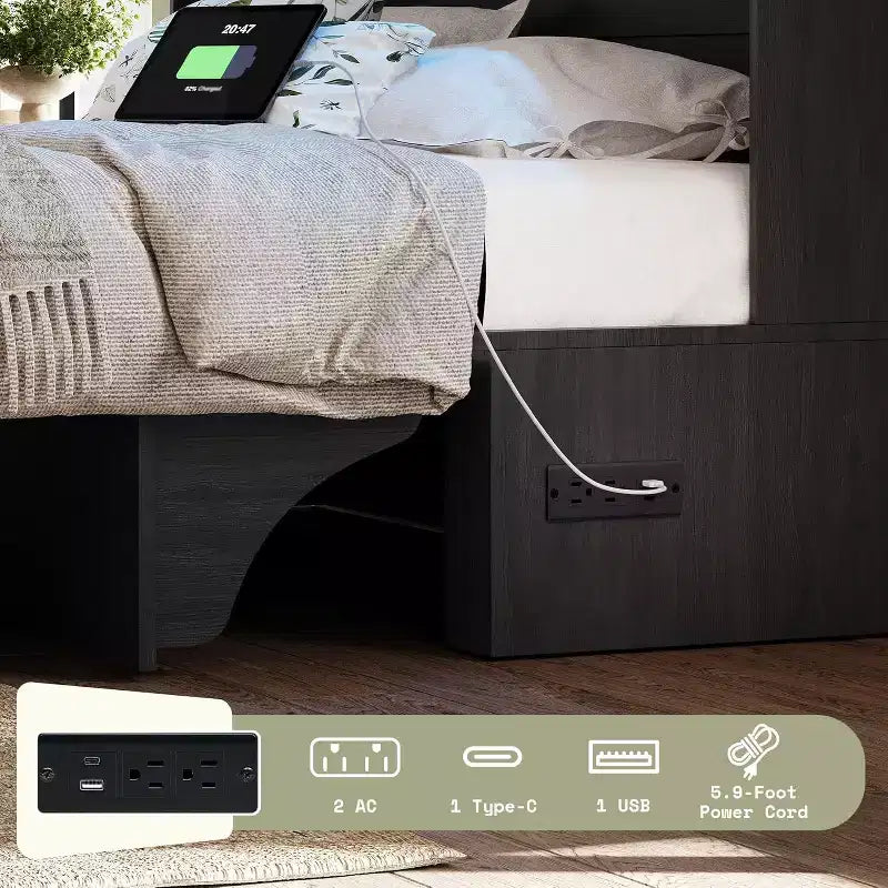 Lit escamotable avec bureau, tête de lit bibliothèque et lumière LED, tiroir de rangement et station de recharge