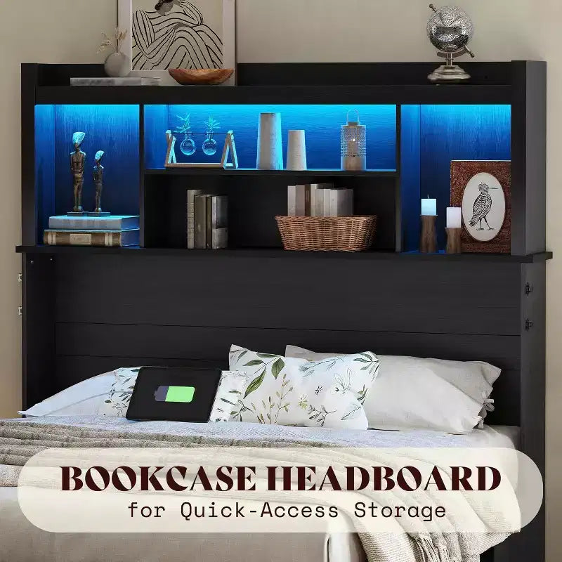 Lit escamotable avec bureau, tête de lit bibliothèque et lumière LED, tiroir de rangement et station de recharge