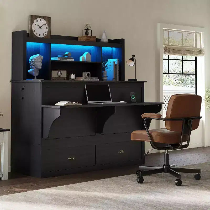 Lit escamotable avec bureau, tête de lit bibliothèque et lumière LED, tiroir de rangement et station de recharge