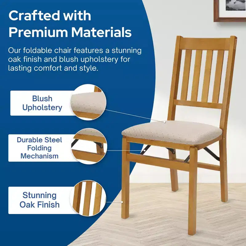 Arts and Craft Wooden Folding Chairs with Padded Seats, Oak, Set of 2