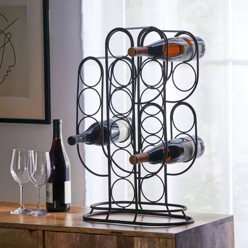 AEELLEEA Modern Wine Rack Countertop, Black Metal, 23.25 x 14.75 x 8 Inches, Freestanding Design, Holds 12 Bottles, Contemporary Home Bar Storage