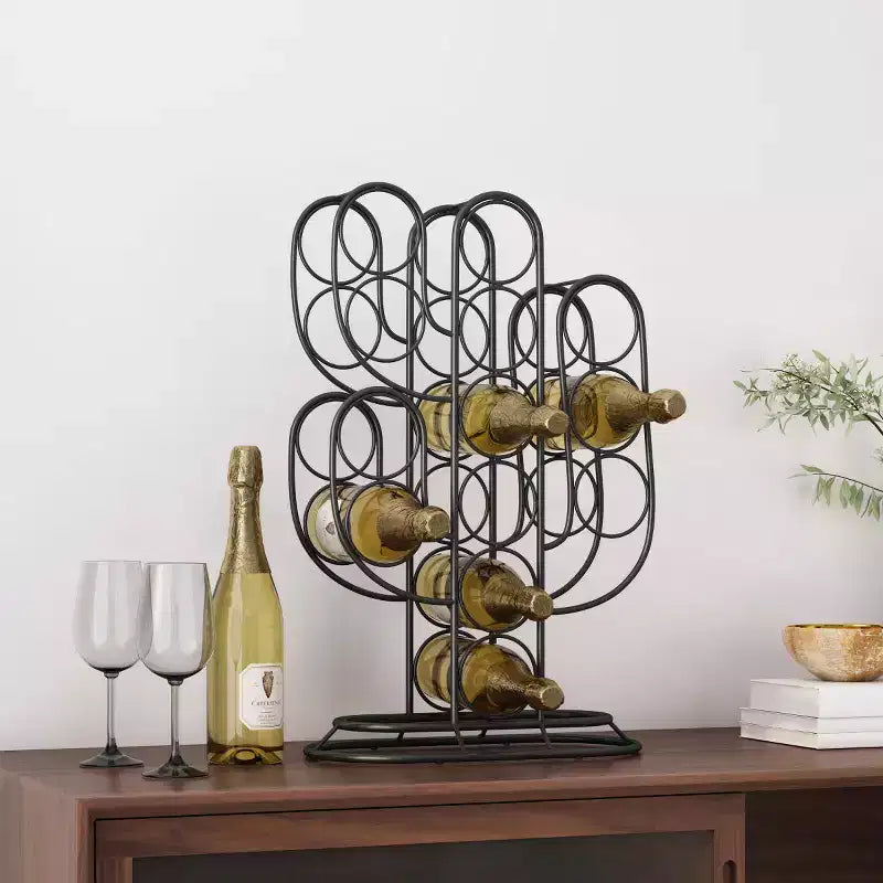 Casier à vin de comptoir moderne, métal noir, 59 x 37,5 x 20,3 cm, autoportant, capacité 12 bouteilles, rangement de bar contemporain