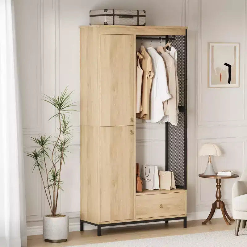Large Wardrobe Closet with Shelves & Hanging Rail, 78.9 Metal Frame Armoire with Drawer, Open Hanging Space & Storage Compartment
