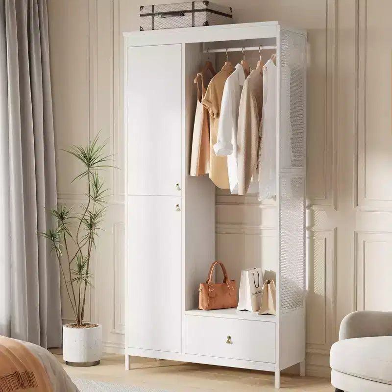 Large Wardrobe Closet with Shelves & Hanging Rail, 78.9 Metal Frame Armoire with Drawer, Open Hanging Space & Storage Compartment