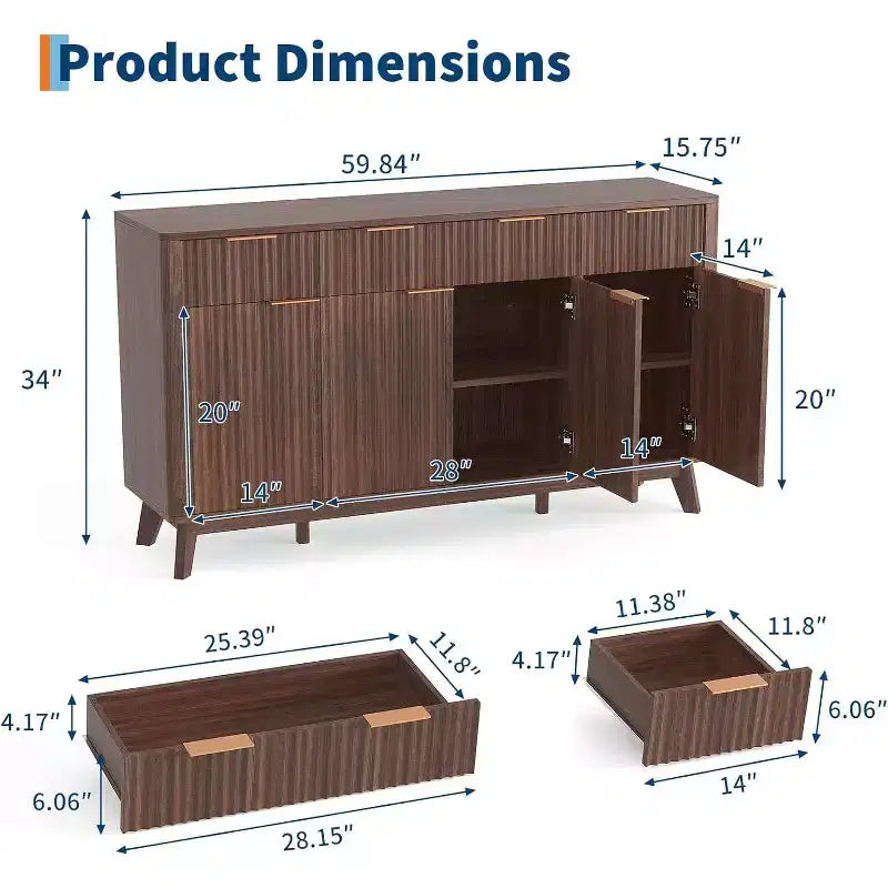 Buffet de cuisine rustique cannelé 60", 3 tiroirs et 4 portes, meuble d'appoint pour bar à café avec étagères réglables