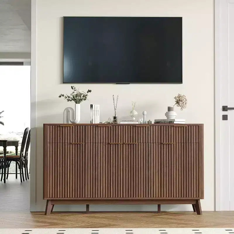 Buffet de cuisine rustique cannelé 60", 3 tiroirs et 4 portes, meuble d'appoint pour bar à café avec étagères réglables