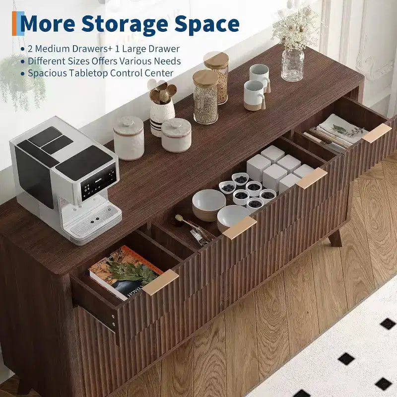 Buffet de cuisine rustique cannelé 60", 3 tiroirs et 4 portes, meuble d'appoint pour bar à café avec étagères réglables